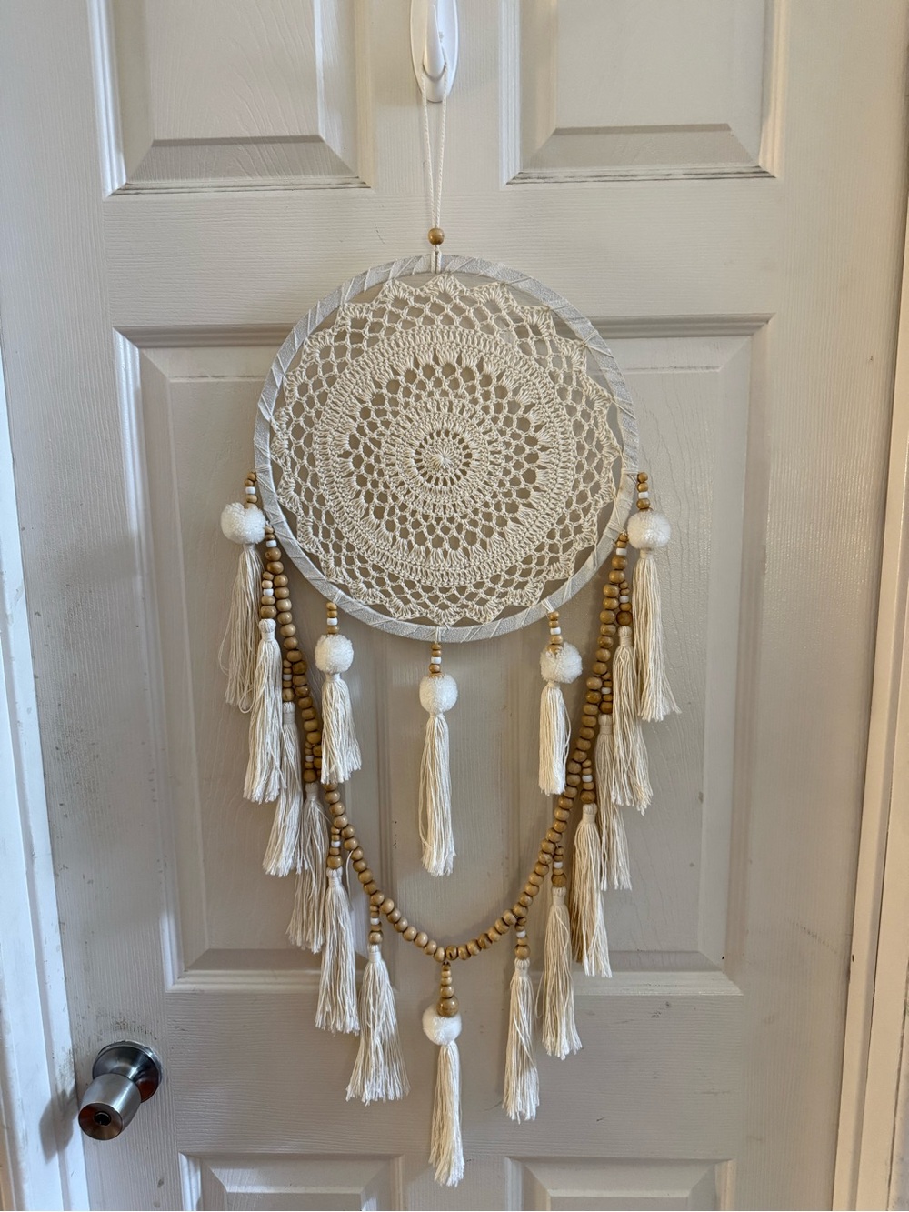 Boho Crochet Dreamcatcher Wall Hanging in Cream with Wood Beads